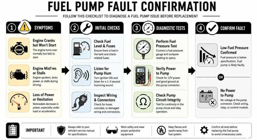 Checklist zur Diagnose eines Kraftstoffpumpenproblems. Prüfe Symptome, Kraftstoffstand, Sicherungen, Geräusche, Verkabelung, Druck und Strom, bevor du die Kraftstoffpumpe wechseln lässt.