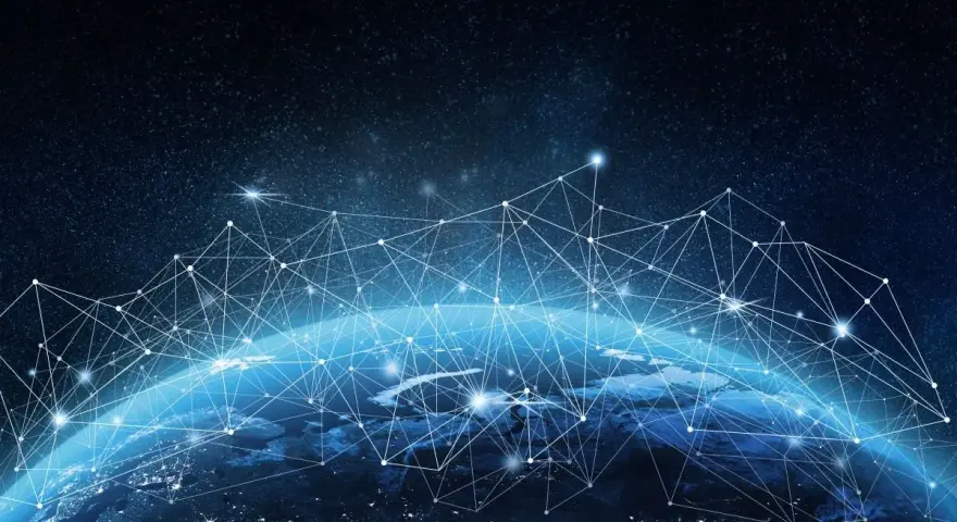 A glowing network of lines and dots overlays the Earth, symbolizing global connectivity and mobile network optimization.
