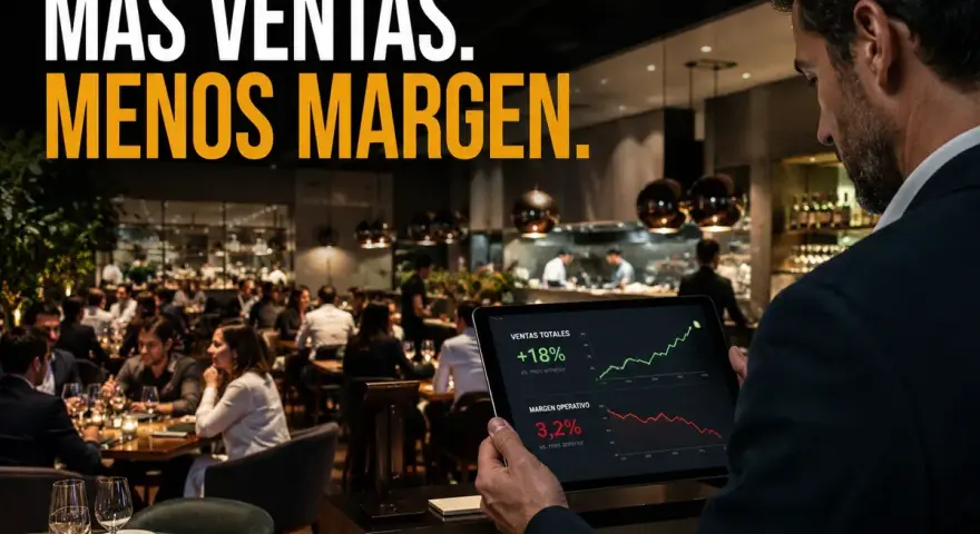 Hombre revisa tablet con gráficos de ventas y margen operativo en un restaurante lleno, buscando mejorar la rentabilidad del restaurante.