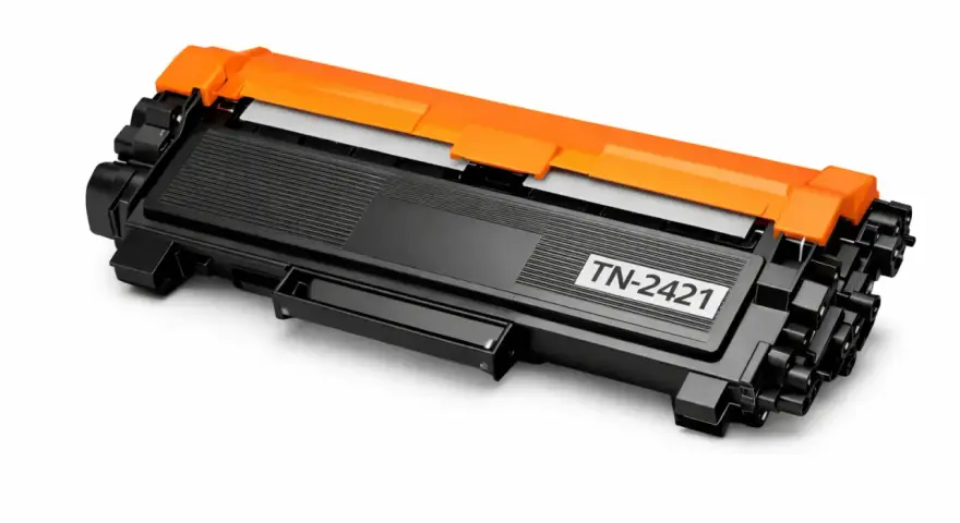 Czarny toner Brother TN-2421 z pomarańczowymi elementami, gotowy do resetu i ponownego użycia.