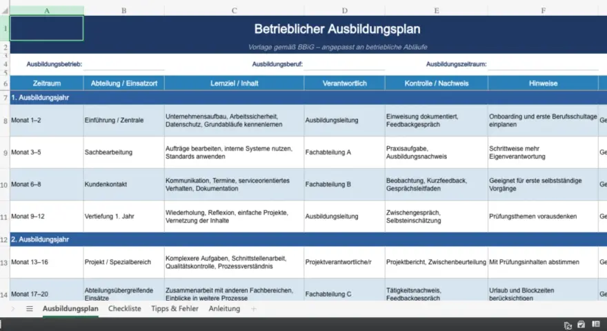 Betrieblicher Ausbildungsplan mit der **Berufsausbildung Bezeichnung** für das erste und zweite Lehrjahr, inklusive Zeiträumen, Lernzielen und Verantwortlichkeiten.