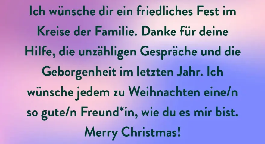 Weihnachtsgrüße mit Gedichttext auf farbigem Hintergrund.
