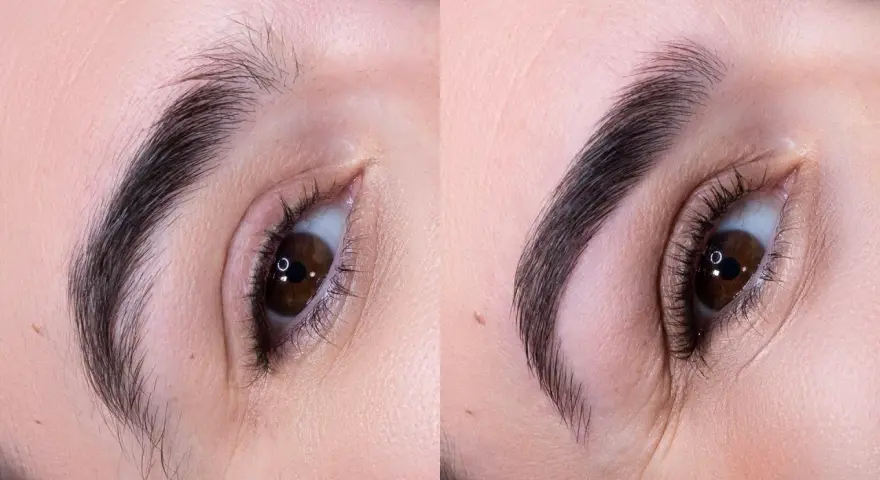 Avant/après : un regard transformé grâce à un maquillage sourcil parfait. Des sourcils plus définis et structurés pour un effet spectaculaire.