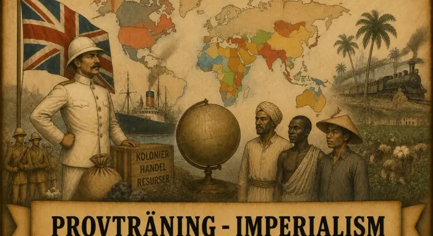 En brittisk officer står vid en världskarta som visar koloniala gränser. Bilden illustrerar imperialism och kolonialism med skepp, tåg och människor från olika kontinenter.