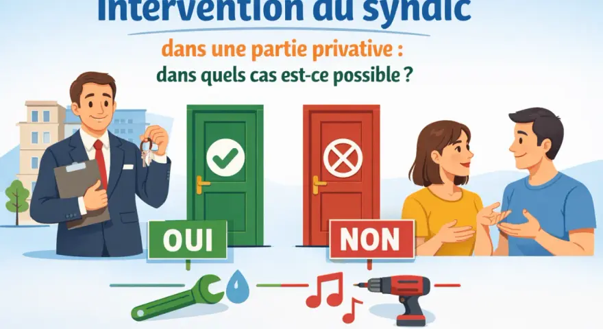 Un syndic avec des clés devant une porte verte "OUI" et une porte rouge "NON". Illustration sur l'intervention du syndic dans une partie privative.