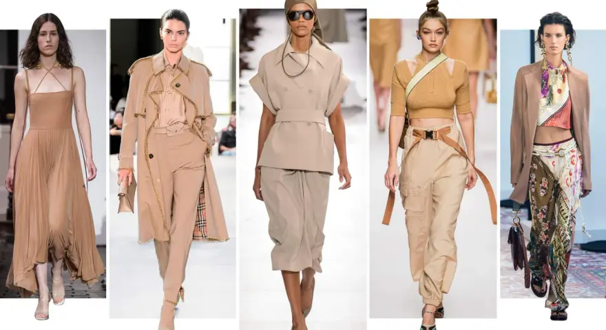 Modelos lucen atuendos en tonos beige, mostrando cómo combinar camisa beige mujer con faldas, pantalones cargo y trajes elegantes.