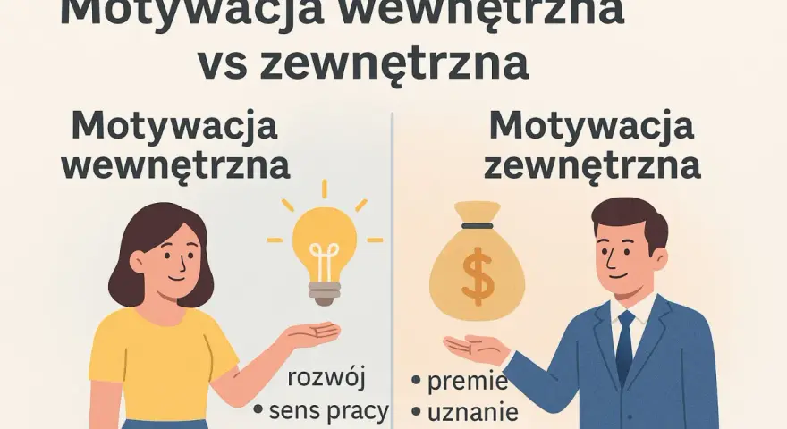 Ilustracja porównuje motywację wewnętrzną (kobieta, żarówka, rozwój, sens pracy, autonomia) z zewnętrzną (mężczyzna, worek pieniędzy, premie, uznanie, awanse). Przykłady jak motywować pracowników.
