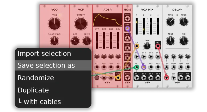 Menu z opcjami dla vcv rack 2: "Import selection", "Save selection as", "Randomize", "Duplicate", "L with cables".