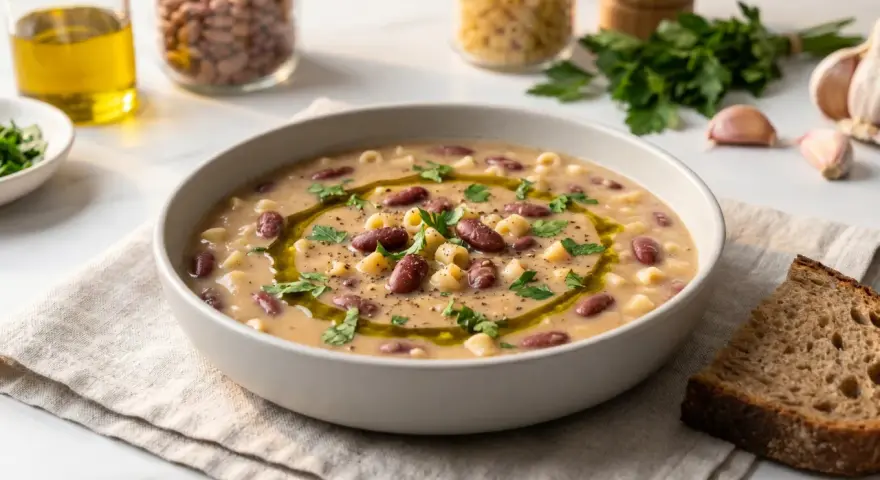 En skål med värmande pasta e fagioli, garnerad med olivolja och persilja, bredvid en skiva rustikt bröd.