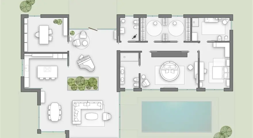 Planimetria villa su un piano con cucina, sala da pranzo, soggiorno con pianoforte, suite padronale con letto rotondo e piscina esterna.