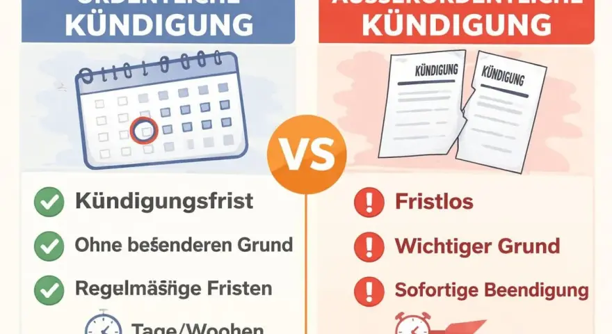 Vergleich von ordentlicher und außerordentlicher Kündigung. Die ordentliche Kündigung hat Fristen, die außerordentliche ist fristlos.