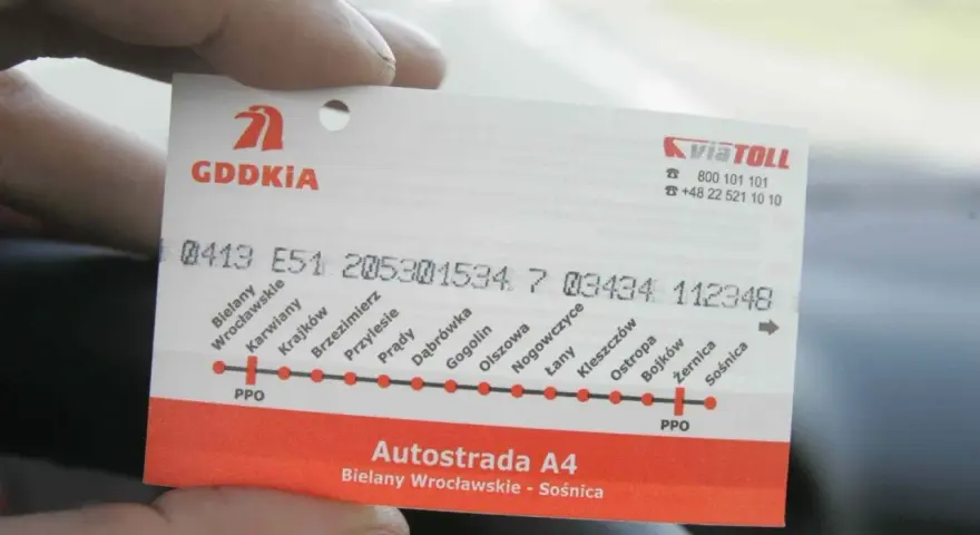 Bilet autostradowy A4 z zaznaczonymi punktami poboru opłat i nazwami miejscowości.