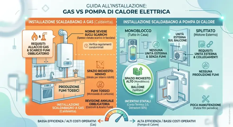 Schema funzionamento scaldabagno a gas: allaccio gas, scarico fumi obbligatorio, fumi tossici, revisione annuale. Bassa efficienza, alti costi operativi.