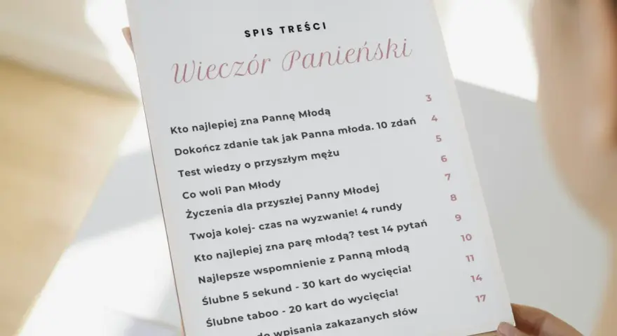 Spis treści wieczoru panieńskiego: gry, testy o narzeczonym i pannie młodej, wyzwania, życzenia.