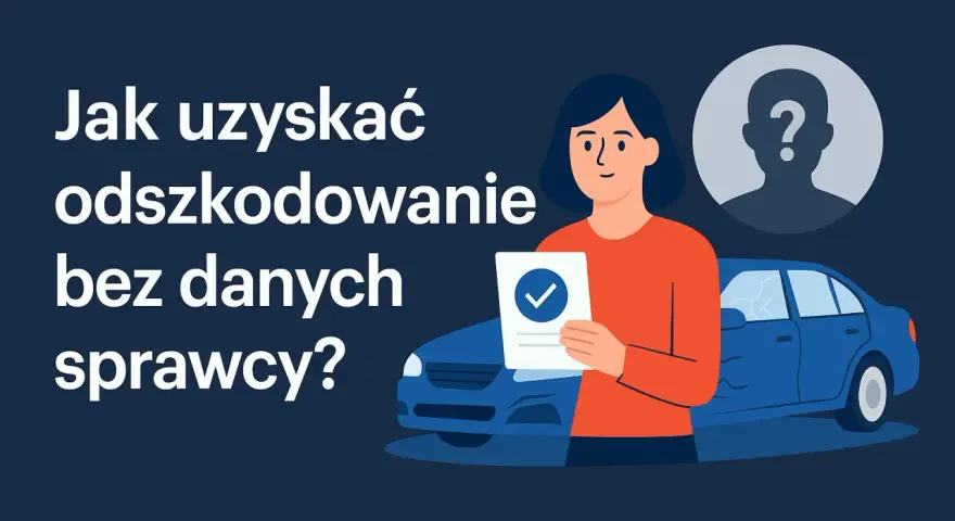Ilustracja: kobieta trzyma dokument z zaznaczonym polem, obok uszkodzony samochód i sylwetka z znakiem zapytania.