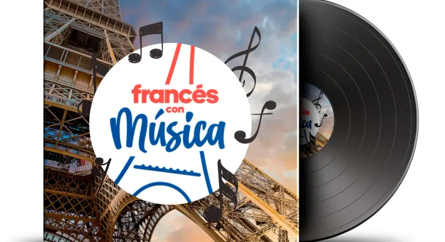 Vinilo con Torre Eiffel y notas musicales. Ideal para tus canciones para aprender francés.