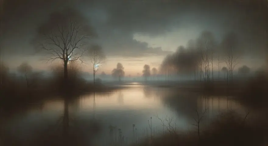 Un paysage onirique où un lac reflète des arbres dénudés, le tout enveloppé dans un doux brouillard dessin. L'atmosphère est paisible et mystérieuse.