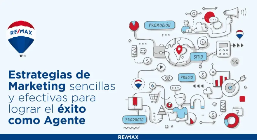 Ilustración de marketing digital para inmobiliarias con globo RE/MAX y elementos gráficos de éxito.