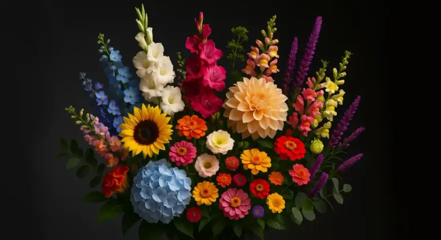 Un vibrante ramo de flores de julio, con girasoles, dalias y gladiolos en tonos vivos, sobre fondo oscuro.