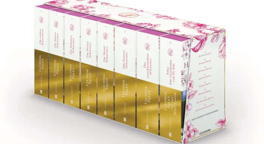 Schuber mit 8 Büchern von Lucinda Riley, die "Die sieben Schwestern"-Reihe.