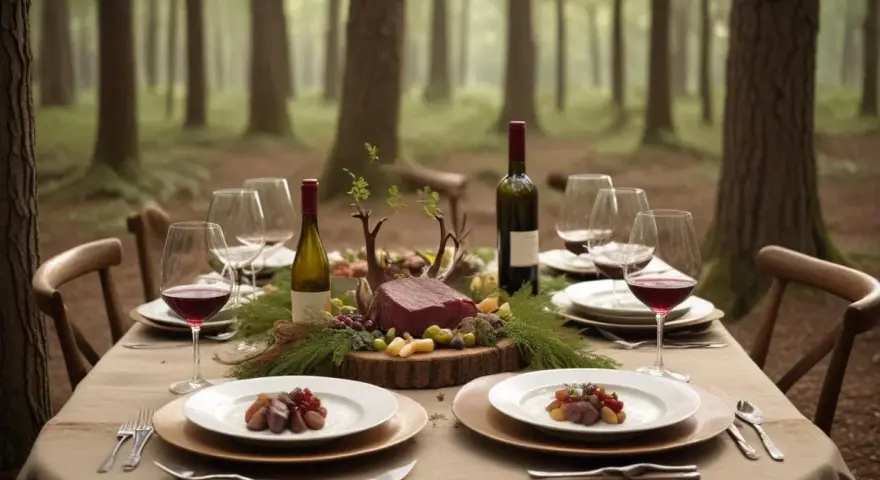 Ett elegant uppdukat bord i skogen med rött vin till oxkind, glas, tallrikar och en vacker köttbit som huvudrätt.