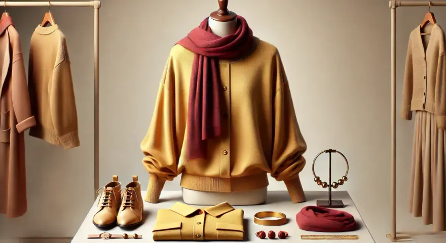 Musztardowy sweter z szalikiem i butami. Jaki kolor pasuje do musztardowego? Czerwień i beż tworzą elegancką całość.