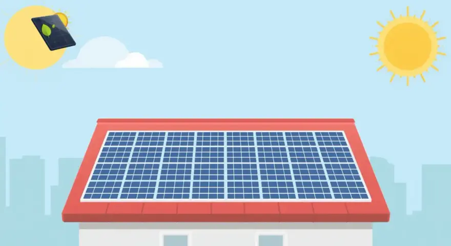 Dach z panelami fotowoltaicznymi, symbolizujący rozwój zielonej energii w Polsce. Słońce świeci, napędzając ekologiczne rozwiązania.