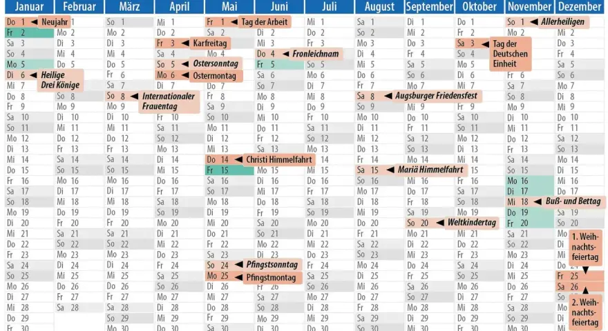 Kalender mit Feiertagen für Ferien in Sachsen-Anhalt. Feiertage wie Ostern, Pfingsten und Allerheiligen sind markiert.