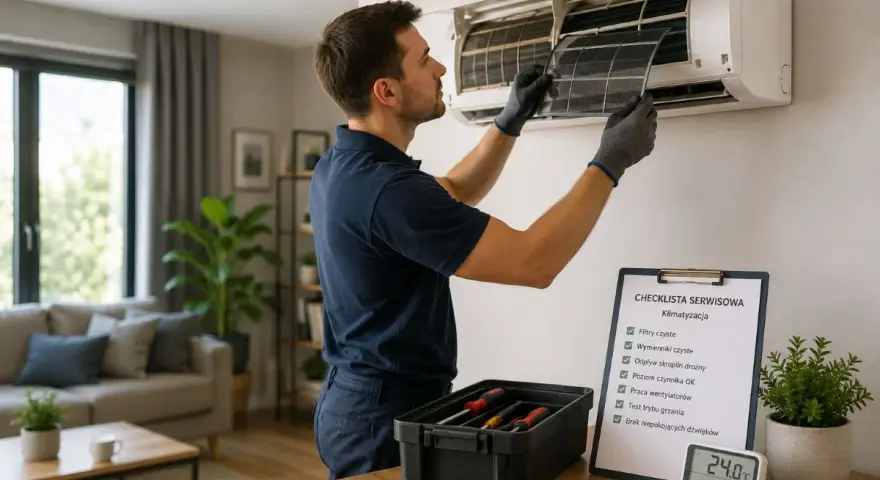 Serwisant sprawdza filtr klimatyzacji, bo klima nie chłodzi. Na blacie leży skrzynka z narzędziami i lista kontrolna.