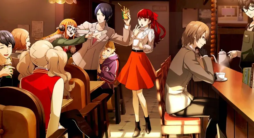 Los Phantom Thieves de Persona 5 Royal disfrutan de un momento de relax en una cafetería, compartiendo risas y bebidas.