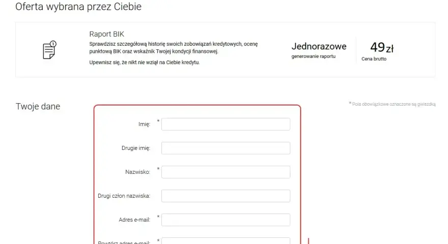 Formularz do wypełnienia danych osobowych w celu wygenerowania raportu BIK. Sprawdź swoją historię kredytową, by mieć pewność, że nikt nie wziął na Ciebie kredytu.