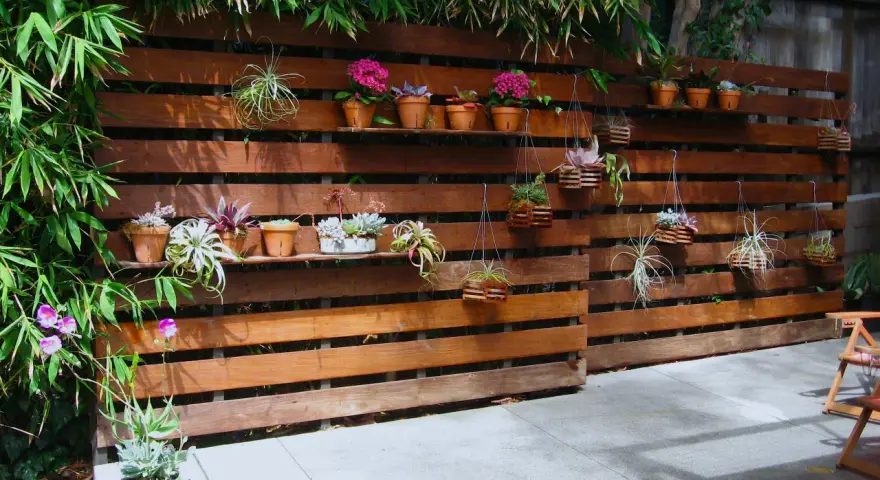 Pareti con bancali di legno ospitano piante grasse e fiori, creando un angolo verde.