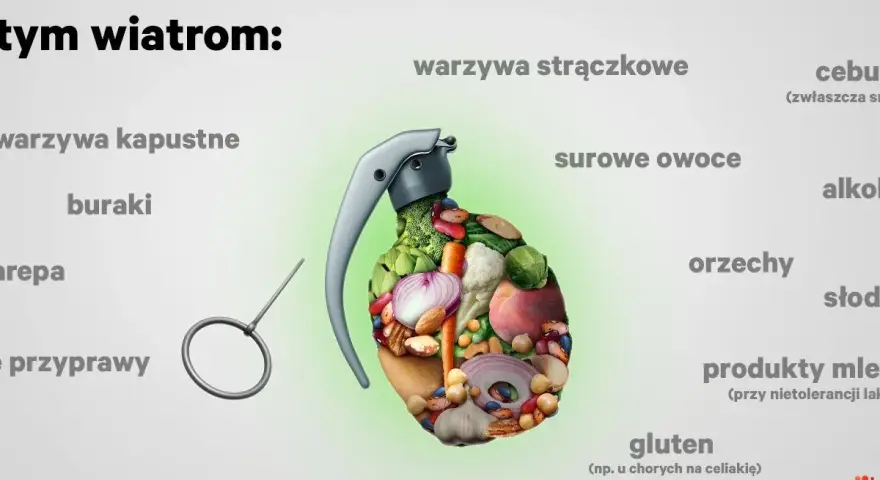 Granat wypełniony warzywami i owocami, symbolizujący produkty sprzyjające wiatrom. Dowiedz się, jak wypuścić gazy z jelit, unikając tych pokarmów.
