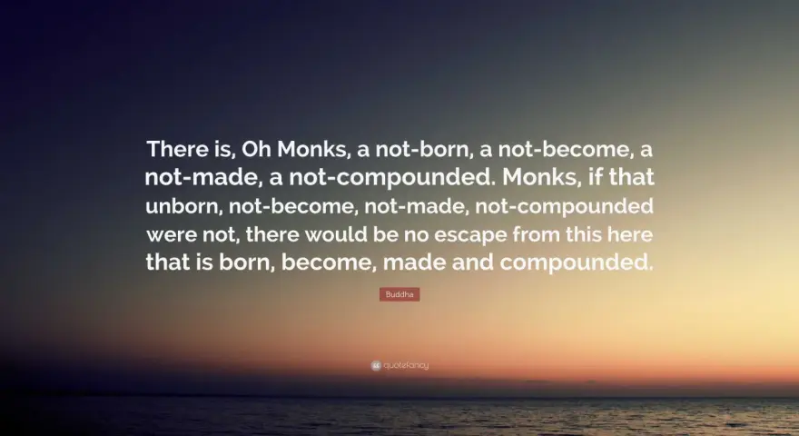 Buddha's profound monk sayings on escaping the cycle of birth and becoming, set against a serene sunset over the ocean.
