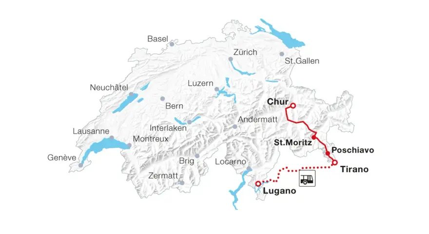 Map showing a scenic train route from Tirano to Lugano, passing through Poschiavo, St. Moritz, Chur, and Andermatt.
