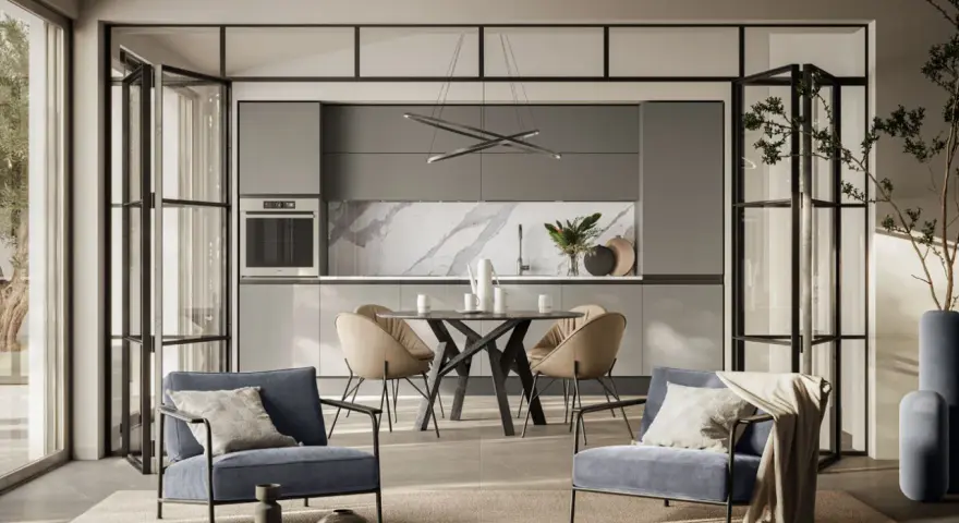 Spazio aperto con cucina moderna e zona relax, dove la cucina e camera da letto insieme creano un ambiente unico e funzionale.