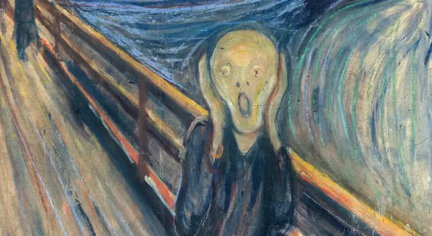 Edvard Munchs "Skriet" med sin ikoniska gestalt som håller händerna för öronen. Edvard Munch fakta: målningen skildrar en känsla av ångest.