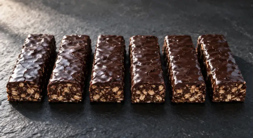 Six barres protéinées maison, enrobées de chocolat noir craquelé, sur fond sombre.