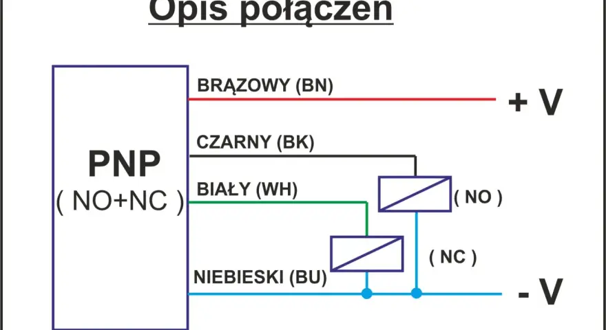Schemat połączeń czujnika magnetycznego PNP. Brązowy przewód do +V, czarny do wyjścia NO, biały do wyjścia NC, niebieski do -V.