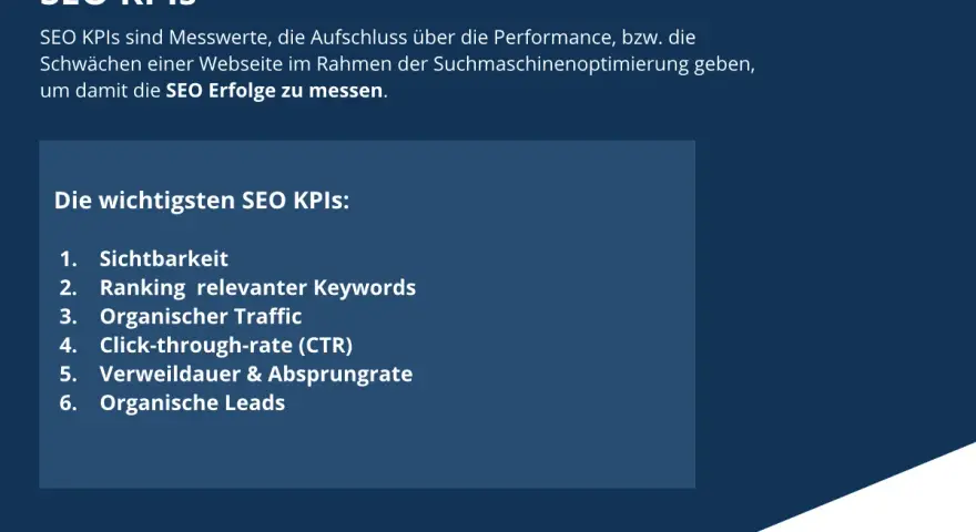 Die wichtigsten SEO KPIs: Sichtbarkeit, Ranking, Traffic, CTR, Verweildauer, Absprungrate und organische Leads.