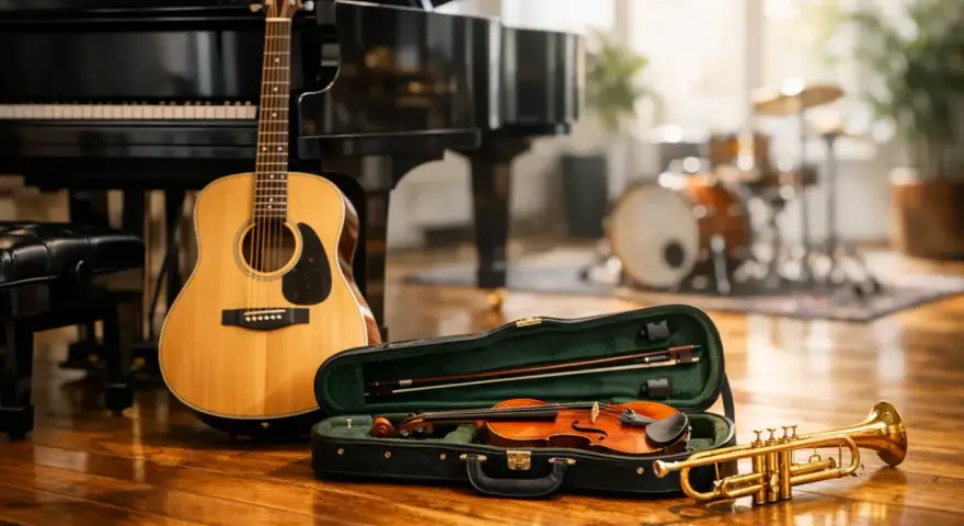 Eine wunderschöne erste Gitarre steht neben einem Flügel. Ein Geigenkasten mit Geige und Bogen sowie eine Trompete liegen auf dem Holzboden.