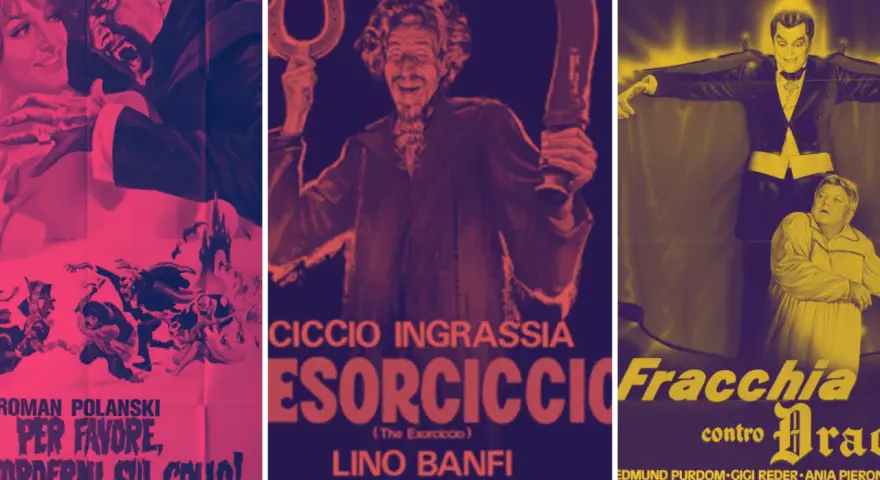 Locandine di film horror divertenti: un vampiro minaccia una donna, un esorcista con falce e ferro di cavallo, e Fracchia contro Dracula.