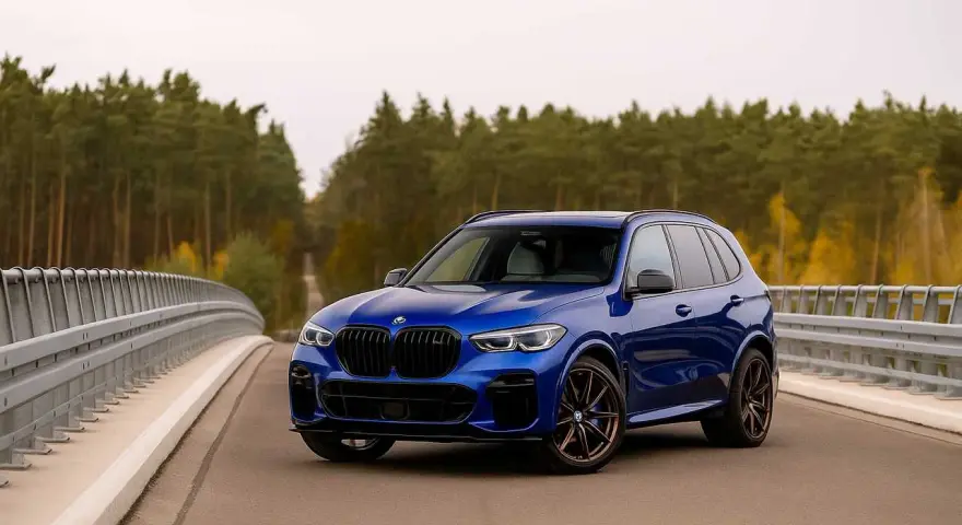 Niebieskie BMW X5 na moście, otoczone jesiennym lasem. Idealne do rozkodowanie vin bmw.