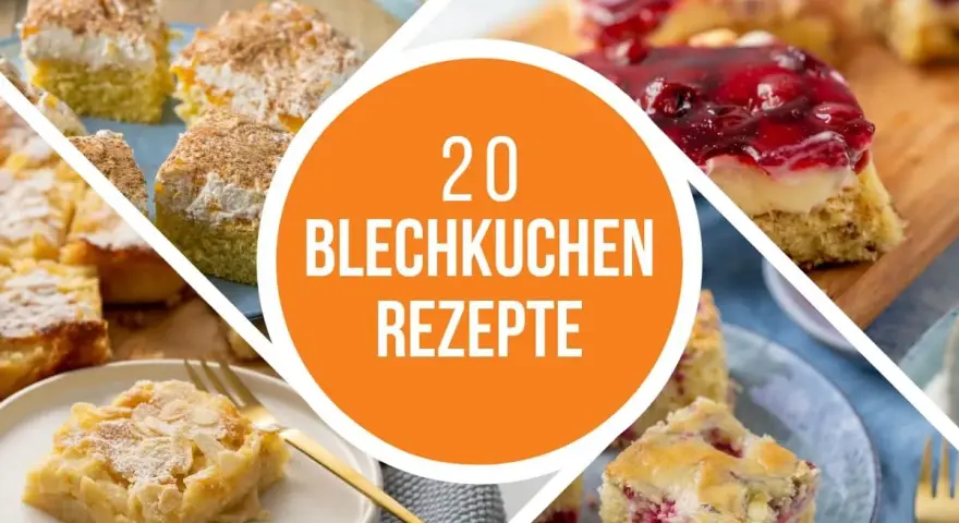 Vielfalt an Blechkuchen-Rezepten: saftige Kirsch-, Apfel- und Himbeerkuchen, verlockend präsentiert.