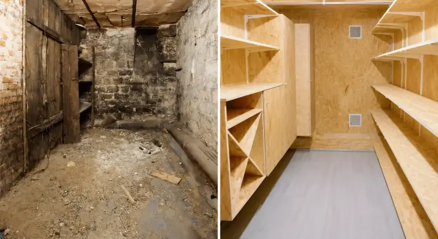 Avant/Après : une cave sombre et poussiéreuse transformée en espace de rangement lumineux et fonctionnel grâce à une rénovation complète.