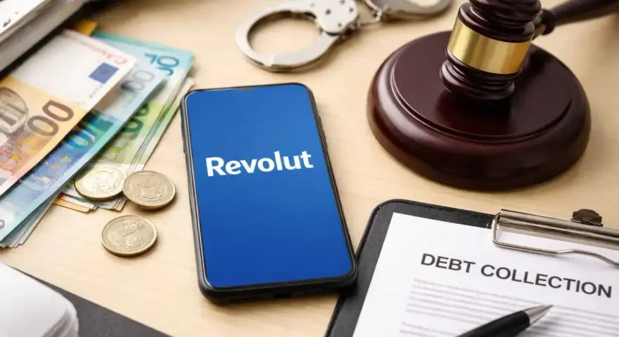Telefon z logo Revolut, banknoty, monety, kajdanki i dokument "Debt Collection" sugerują problemy z długami i interwencję komornika.