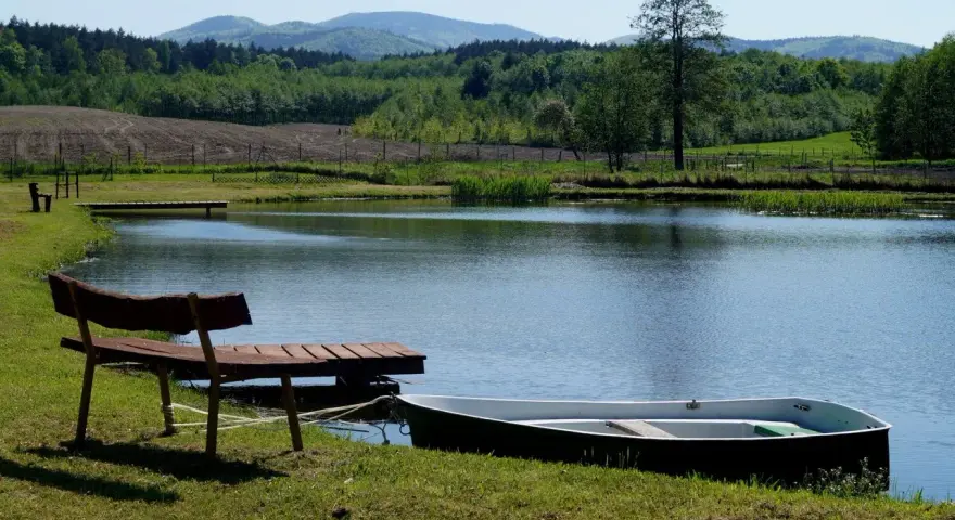 Idealne miejsce na camping nad stawami: łódka przy pomoście, ławka i spokojna tafla wody.