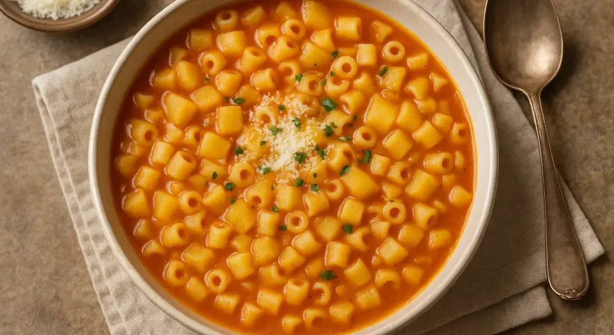 Una ciotola fumante di pasta e patate, condita con parmigiano grattugiato e prezzemolo fresco. Un comfort food che scalda il cuore.