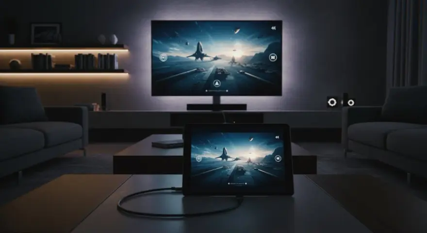 Ein Tablet zeigt ein Spiel, das auf dem großen Fernseher im Hintergrund dupliziert wird.