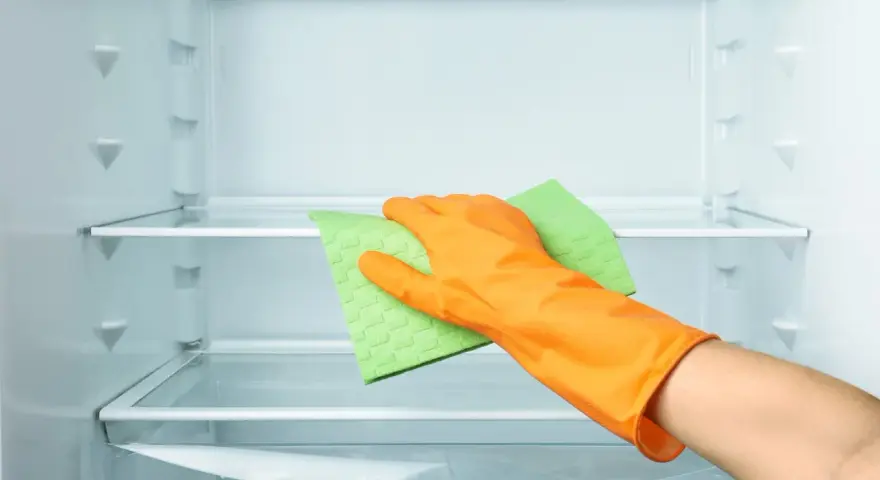 Main d'une personne portant un gant orange, essuyant une étagère de réfrigérateur vide avec une éponge verte. Le nettoyage du frigo est terminé.